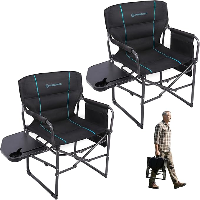 FUNDANGO Oversized Folding Chairs for Outside, Fully Padded Camping Director Chair for Adults, Support 450lbs Portable lawn chairs with Side Table, Side Pockets for outdoor Camp, Picnic, Lawn, Concert