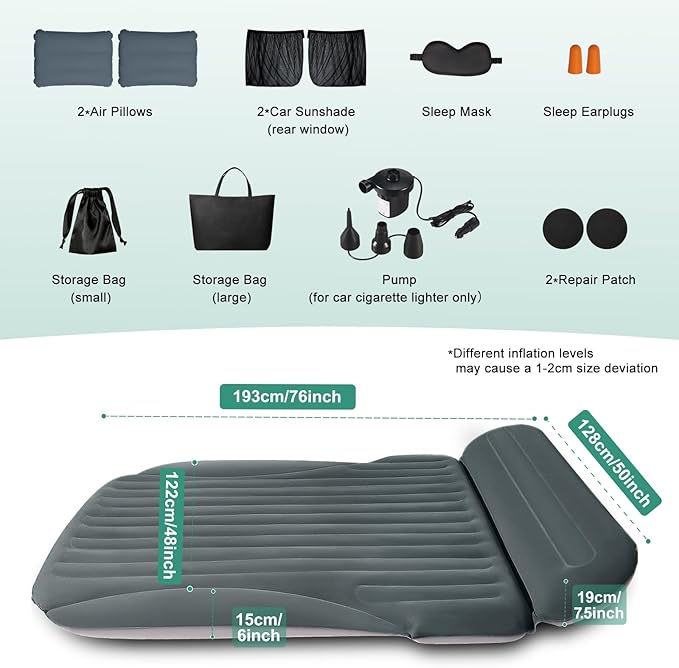 SUV Air Mattress, Double-Sided Thick Flocked Car Air Mattress with Built-in Pump & Pillow, Complete Sleeping Accessories for Auto Camping & Road Trips（Green+Charcoal）