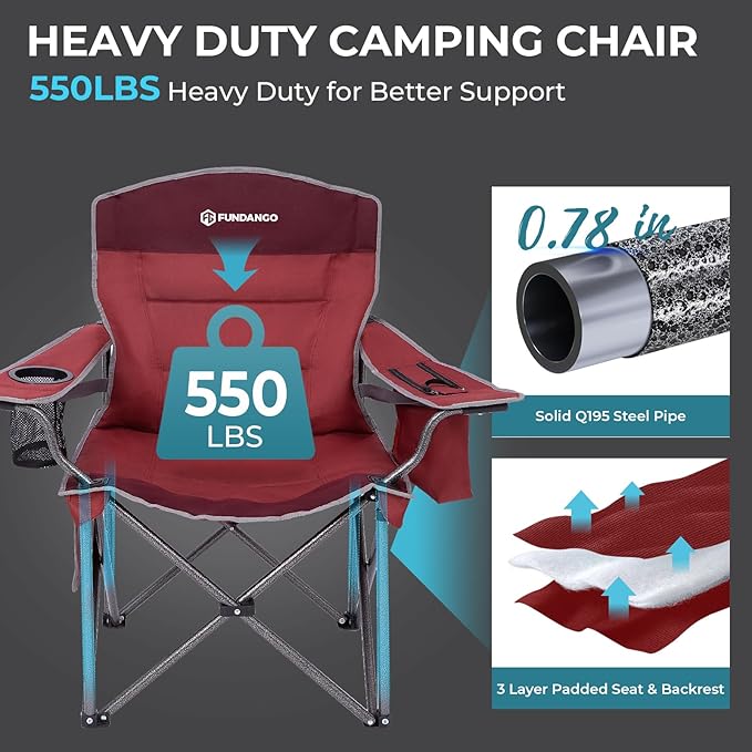 FUNDANGO Oversized Camping Chairs for Adults, Heavy Duty Fold Up Sports Games Lawn Chairs, Extra Wide Big Man Outdoor Chairs with Padded Lumbar Support Backrest, Bag Included for Camp, Beach, 2 Pack