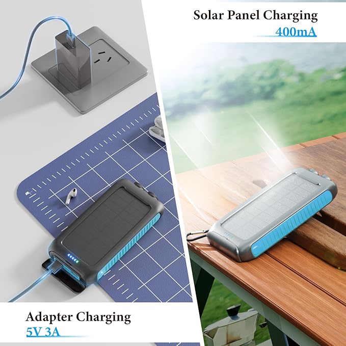 Solar Charger Power Bank 16000mAh Portable 15W Fast Charging Power Bank with QC3.0 USB-C & Dual USB-A Ports for Cell Phones, LED Flashlight, Carabiner, Waterproof Solar Panel for Camping, Outdoor