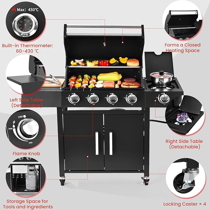 4-Burner w/Side Burner Gas Grill with 292 SQ.IN. Outdoor Grill with 44,000 BTU,Propane Grills with Top Cover Lid,Grills Outdoor Cooking for Patios,Camping,Balcony-Q043