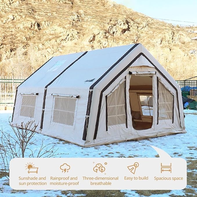 4 Season Inflatable Camping Tent with Separate Living and Sleeping Area,3000mm Waterproof Pop-Up Tent with Pump and Stove Jack Hole,4-6 Person Glamping Tent