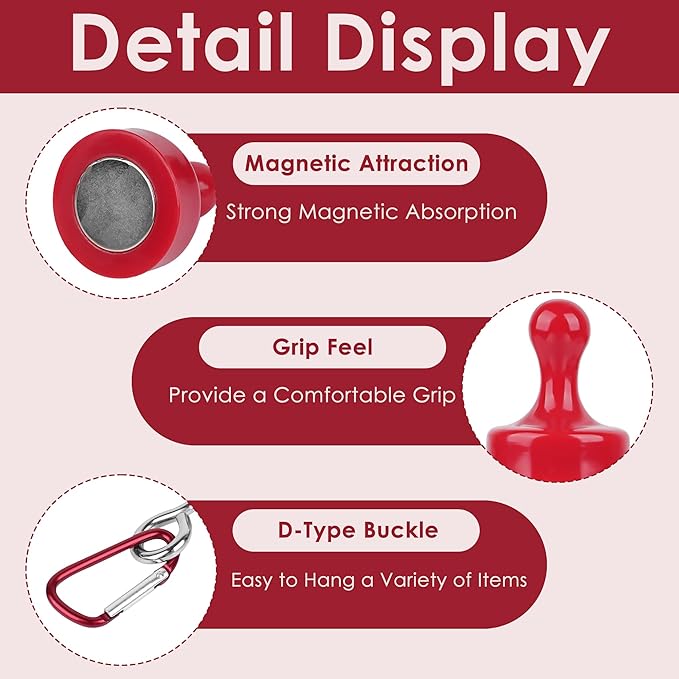 4Pcs Heavy Duty Magnetic Hooks - Aluminum Alloy Camping Hooks with Adjustable Carabiner and Loop for Outdoor Hanging, Tent Accessories (Red)