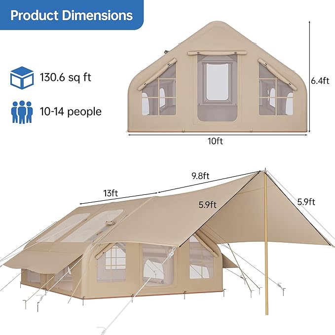 Inflatable Camping Tent with Pump & Awning, 14 Person Air Tents for Camping Adult, Large Waterproof Oxford Family Glamping Tent, Quick Setup Big Tent for Outdoor Camping