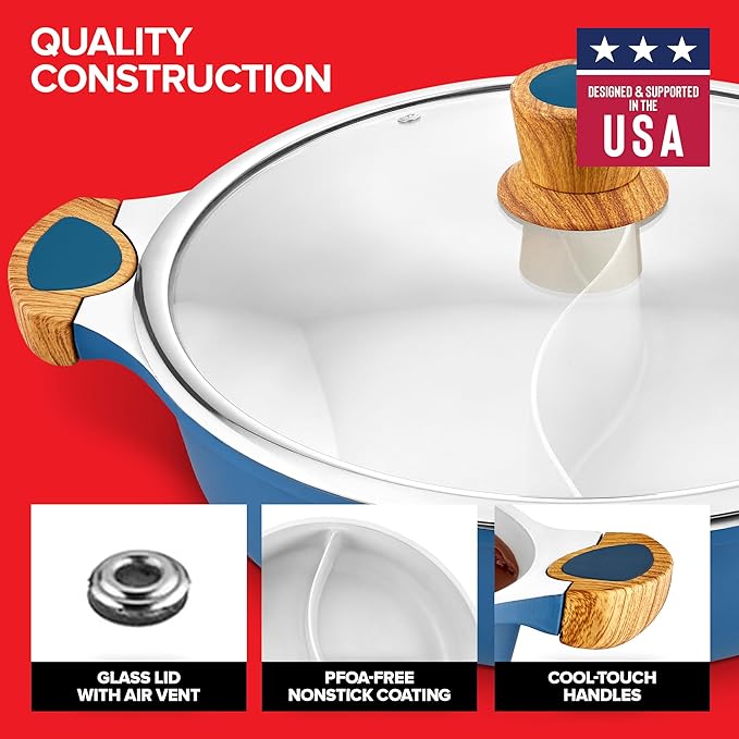 Nonstick Hot Pot with Divider, Blue Shabu Shabu with Silicone Spoons, Divided Cooker for Two Broths, Compatible with Induction, Gas Stove, or Grill