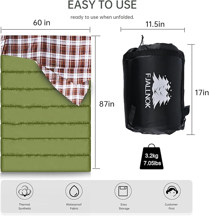Double Sleeping Bag Cotton Flannel for Camping, Backpacking Or Hiking. Queen Size 2 Person Waterproof Sleeping Bag for Adults Or Teens. Lightweight with Compression Sack