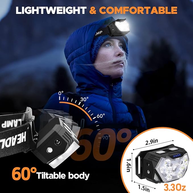 9 LED Headlamp Rechargeable 2 Pack, 2000 Lumens Super Bright Head Lamp with Red Light, 10 Modes, Motion Sensor and Adjustable, IPX5 Waterproof Headlight for Camping Hiking Running
