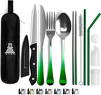 Portable Travel Silverware Set With Case - Includes 10 Pcs of Utensils, Stainless Steel Flatware For Camping, Easy to Travel, Lightweight (Green Two Tune)