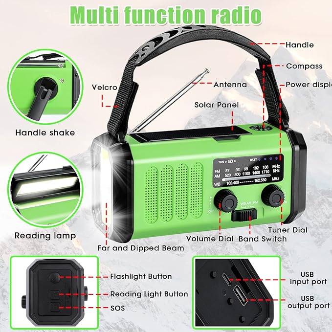 Emergency Radio with Solar/Hand Crank/USB Charging, 10000mAh Rechargeable Battery,NOAA/AM/FM Weather Radio with Multi-Function Flashlight and Cell Phone Charger for Indoor/Outdoor Emergencies