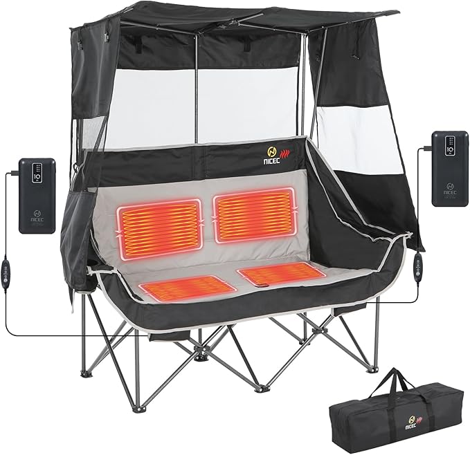 Nice C Heated Double Camping Chair with Canopy, Heated Outdoor Sports Folding Chair with Battery, Portable Padded Umbrella Chairs with Shade, Cup Holder, Cooler Bag, Loveseat for Lawn, Outdoors