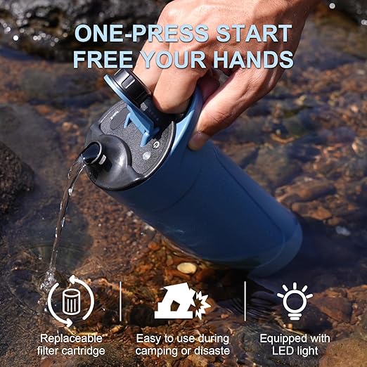 SurviMate Electric Water Purifier Survival,Portable Water Filter Bottle for Survival,0.01μm 22 Ounces with Emergency Lighting, NSF/ANSI 42&372 Certified,Bottle with Filter for Hiking, Camping, Travel