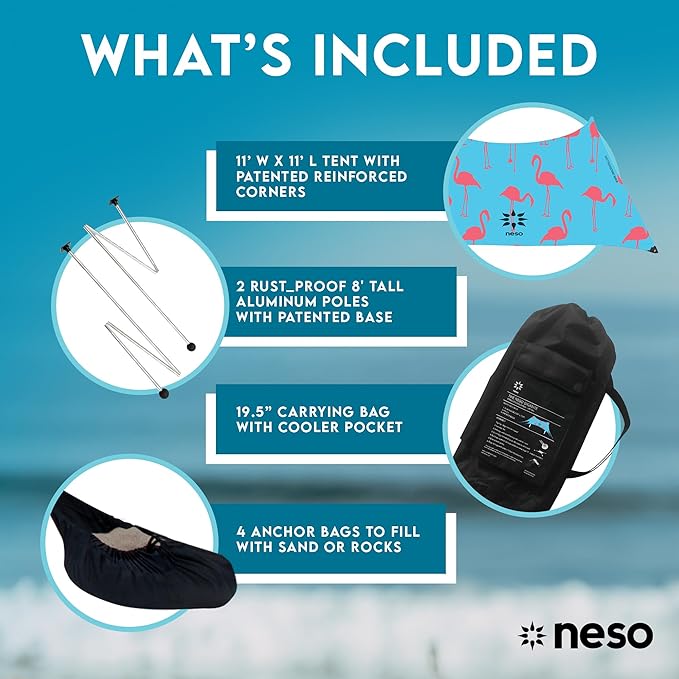 Neso Gigante Portable Beach Tent Sun Shelter - Lightweight Beach Shade Canopy - Easy Setup for Family Outings - Patented Reinforced Corners - UPF 50+ Sun Protection - 8ft Tall, 11 x 11ft - Flamingos