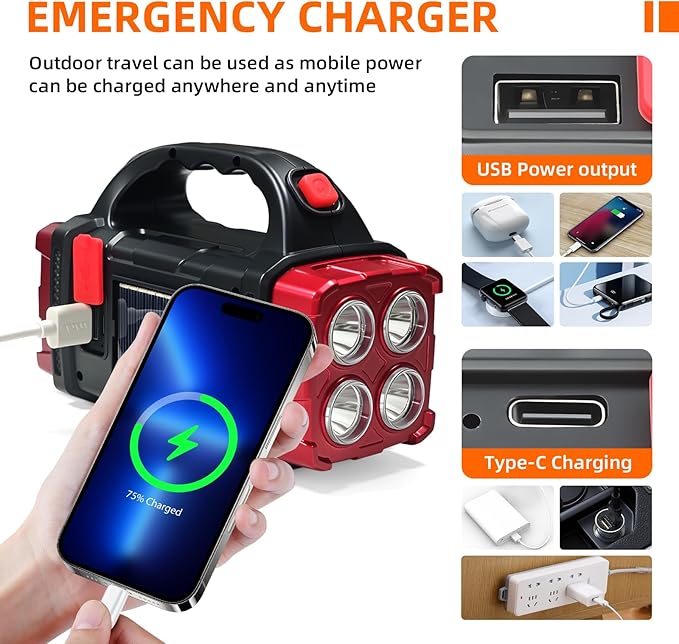 Versatile Solar Flashlight with Dual Charging Modes | 4 Light Modes USB/Solar Powered| Portable Emergency Charger & Outdoor Camping Light (Red-2pcs)