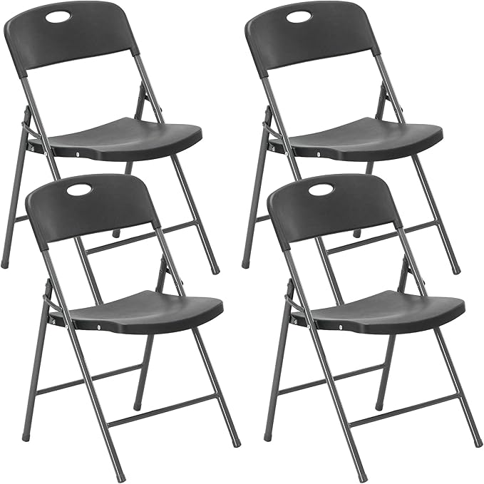 DUMOS 4 Pack Folding Chairs Heavy Duty with Ergonomic Back - Plastic Stackable Portable Dining Chiars Set, for Home and Office, Conference, Wedding, Party, Patio, Garden, for Indoor Outdoor, Black