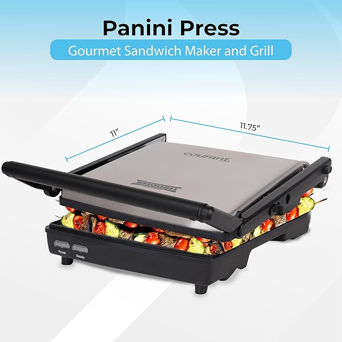 Courant Panini Press Gourmet Sandwich Maker, Super Slim Design with Foldable Handle, 4 Servings Grill with Non-Stick Plates, Opens 180° for Table Grill, Stainless Steel 1400 Watts
