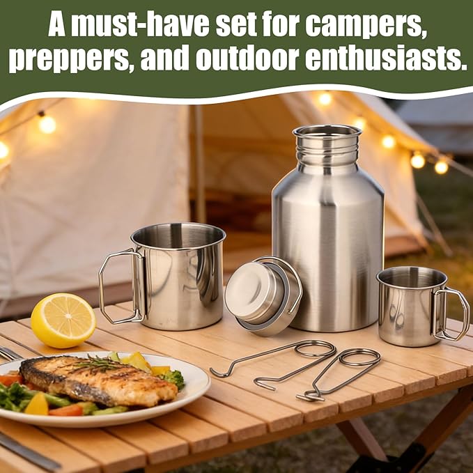 68oz Canteen Large Stainless Steel Water Bottle with 2 Nested Camping Cups Leak Proof Reusable Thickened Metal Canteen Wide Mouth Water Boiler Survival Gear for Camping Hiking and Backpacking