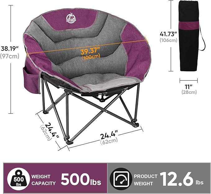 Northroad XXL Camping Moon Chair,Oversized Round Chair,Folding Padded Saucer w/Side Pocket,500lbs Capacity for Outdoor Hiking Fishing Picnic Lawn,Purple&Grey