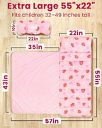 Toddler Nap Mat with Pillow and Minky Blanket, Large 55"x37" Sleeping Bag, Washable, Lightweight, Easy to Roll, Perfect for Preschool, Daycare, Kindergarten, Travel, Boys and Girl-Strawberry