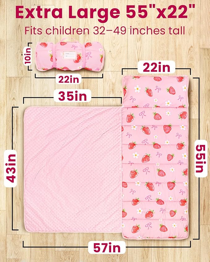Toddler Nap Mat with Pillow and Minky Blanket, Large 55"x37" Sleeping Bag, Washable, Lightweight, Easy to Roll, Perfect for Preschool, Daycare, Kindergarten, Travel, Boys and Girl-Strawberry
