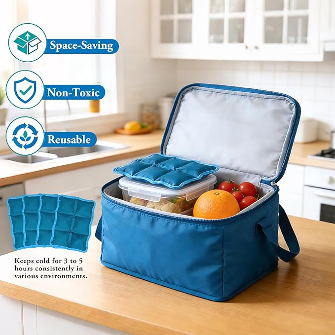 4pcs Reusable Ice Packs for Lunch Boxes & Coolers, (6”x4”x0.7”) Slim Freezer Packs for School Lunch Bags, Small Non-Toxic Cooler for Picnic & Camping