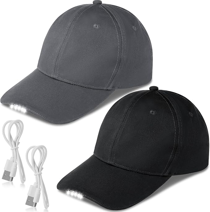 Syhood 2 Pieces LED Baseball Caps Flashlight Hats Hands Free Baseball Caps with Light Built in 5 Battery Powered Headlamp LED Hats Light for Men Fishing Jogging Camping Hand Work