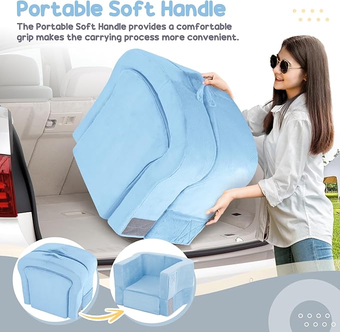 Portable Toddler Travel Bed, 2-in-1 Foldable Toddler Bed Sofa Chair, Soft Baby Kids Travel Floor Cot with Washable Covers Safety Foam Raised Bumper for Grandma's House Road Trips Camping Hotel (Blue)