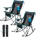 FUNDANGO Oversized Rocking Camping Chair for Adults, 2 Pack Portable Folding Lawn Chairs for Outside with Pillows, Wide Armrest, 2 Cup Holders, Carry Bag for Patio Garden Outdoor Supports 300Lbs