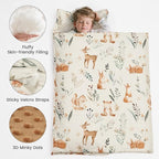 PHF Toddler Nap Mat with Removable Pillow and Minky Fleece Blanket, Rollup Design Warm Slumber Bags for Boys Girls, 52"x20"x2" Kids Sleeping Bag for Daycare Preschool Travel Camping, Woodland & Animal