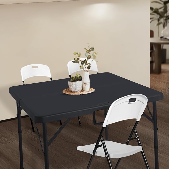34" Square Folding Card Table, Fold-in-Half Utility Dining Portable Table Heavy Duty HDPE Plastic Foldable with Carrying Handle Indoor Outdoor for Picnic, Camping, Party, Black