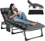 LILYPELLE Folding Lounge Chair with Mattress, 5 Position Adjustable Folding Cot Portable Outdoor Folding Chaise Lounge Chair for Outside, Sunbathing, Camping, Pool, Beach, Patio, Black Deep