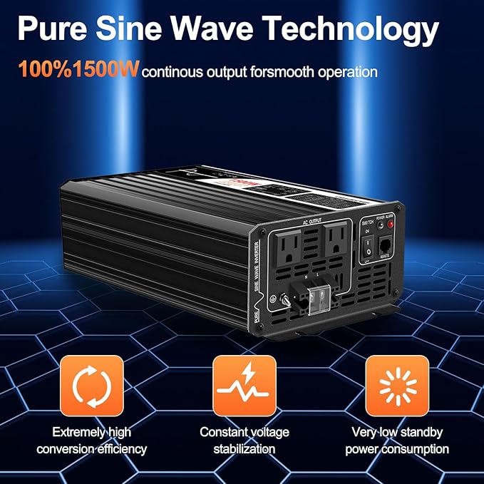 1500W (Bluetooth) Pure Sine Wave Solar Power DC Converter to AC 120V 60HZ Solar Converter for Home Use car (DC48V (Range 40V-60V)