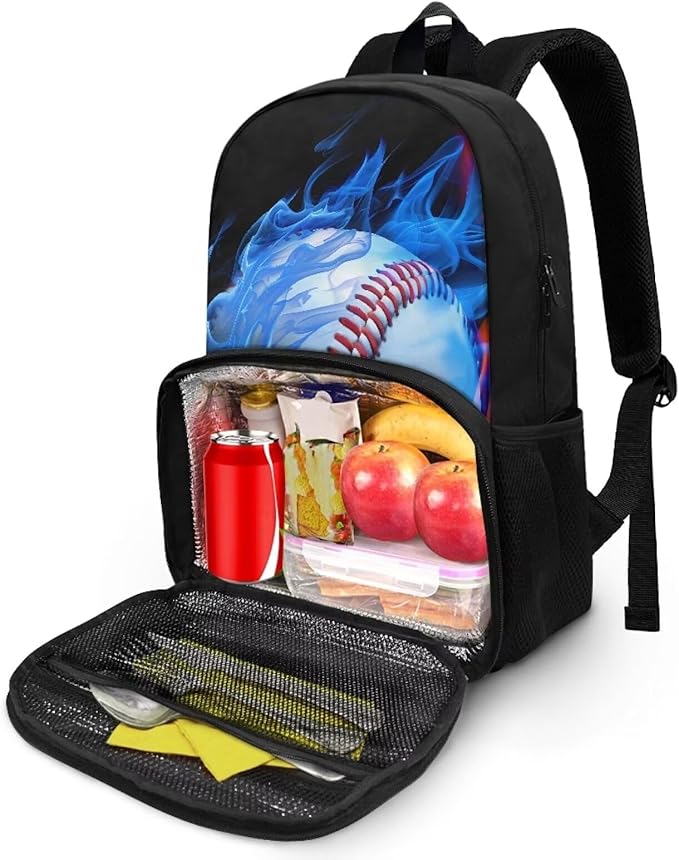 17 Inch Men Women Kids Casual Backpacks with Insulated Cooler Lunch Compartment Lightweight Students Knapsack Middle High School Bookbag Work Hiking Daypack, Fire Flame Softball