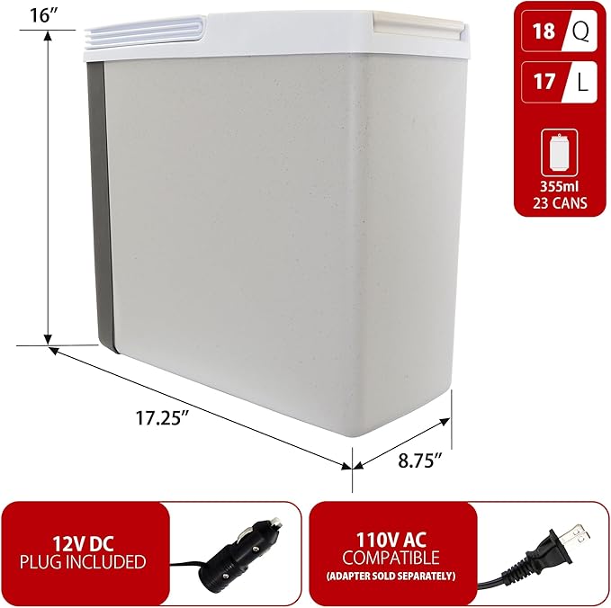 Koolatron Electric Portable Cooler Plug in 12V Car Cooler/Warmer, 18 qt (17 L), No Ice Thermo Electric Portable Fridge for Camping, Travel Road Trips Trucking with 12 Volt DC Power Cord, Gray/White.