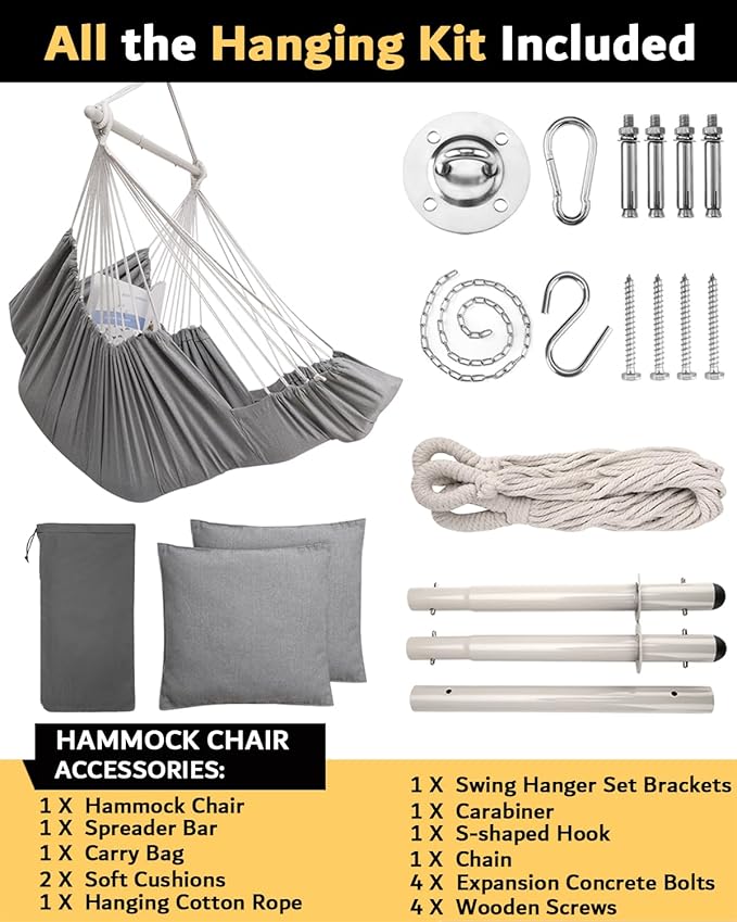 ADVOKAIR Hanging Hammock Chair Large Swing Chair with Foot Rest and Hardware,Max 500lbs,Steel Spread Bar with Anti Slips, 2 Cushions and Side Pocket,Indoor/Outdoor Use…