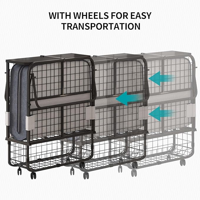 BALUS Folding Bed with Mattress for Adults, 75" x 31" Rollaway Bed with Head Baffle & Mesh Storage Basket, Fold Up Beds for Guests, Foldable Frame with Locking Casters for Easy Moving（Upgrade）
