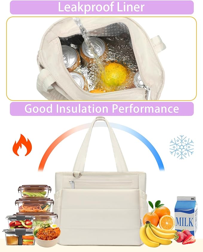 Lunch Box Tote Bag - Versatile Soft Insulated Lunchbox for Women - Lightweight Stylish Simple Lunch Pail Reusable Large Cooler Bag for Adults Work Office Camping Picnic Travel Outdoor Trips White 10L