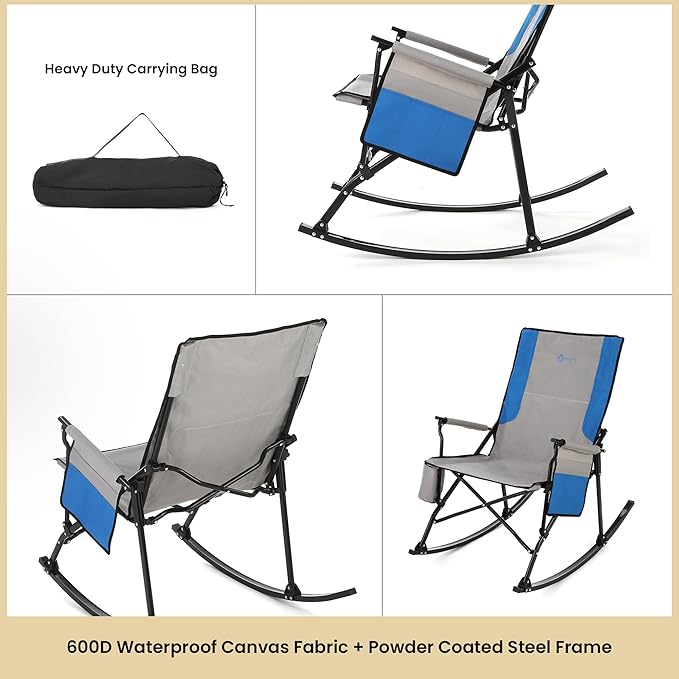 ARROWHEAD OUTDOOR Foldable Rocking Camp Chair with Large Cup Holder, Side Pocket, Space-Saving Folding, Enhanced Swinging Rocker for Camping, Fishing, Patio