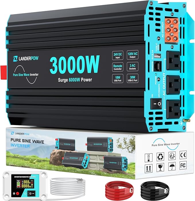 3000 Watt Pure Sine Wave Inverter 24V DC to 120V AC for RV, Truck, Solar, Home, Off-Grid, Power Inverter with 3 AC Outlet, 30W USB-C, 5V 3.1A USB, Hardwire Port, Remote Control, Surge 6000W