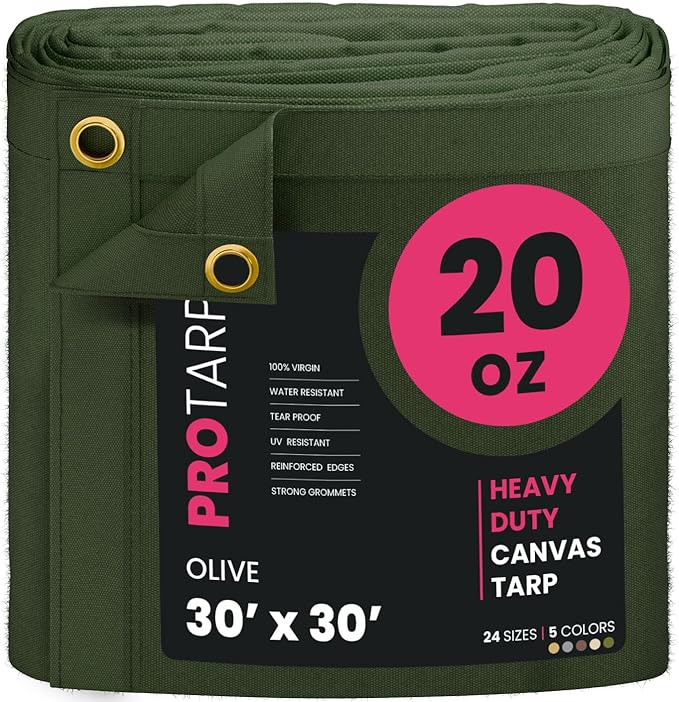 PROTARP Extreme Heavy Duty 20 OZ Water Resistant Canvas Tarp, UV Resistant Tarpaulin Cover with Rustproof Brass Grommets, Multipurpose for Canopy, Roof, Camping, Woodpile (Olive 30'X30')