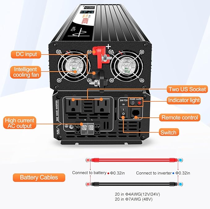 3000W Pure Sine Wave Power Inverter with Bluetooth, 6000W Surge, 12V DC(Range 10V-15V) to 120V AC Converter for Camping, RV, Truck & Home Backup