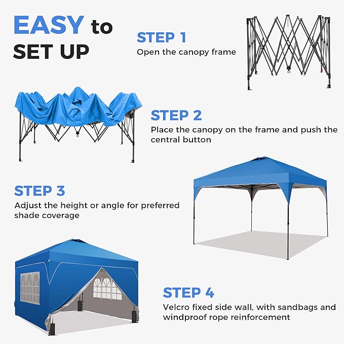 GDY 10x10FT Pop Up Canopy Tent with One Push Setup, Easy to Install with 4-Sidewalls for Events, Parties, Camping, Outdoor Gazebo with 4-Sandbags, Navy Blue.