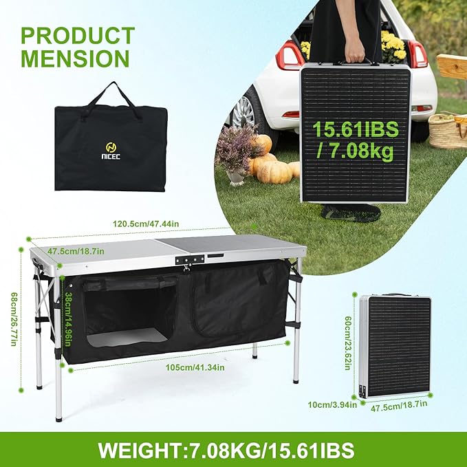 Nice C Camping Table, Storage Camping with Solar Panels Camping Kitchen Table, Upgrade Light Stand and 3 Organizers