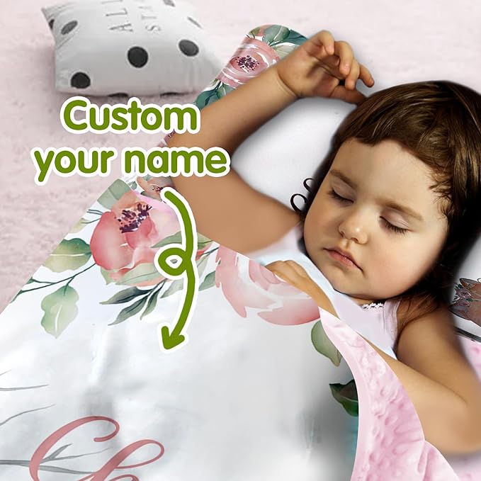 Custom Toddler Nap Mat for Preschool, Personalized Name Kids Sleeping Bag with Animals Parrern for Daycare, Roll Up Sleeping Mat with Removable Pillow and Soft Dot Minky Blanke for Girls Camping