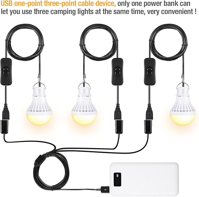 Tuanse 3pcs USB LED Light Bulbs Portable Camping Lights 5w with USB Splitter Cable 1 to 3, 8.2ft Extra Length Cord Tent Latern Outdoor Emergency Bulb for Garage Warehouse Truck Fishing Warm White