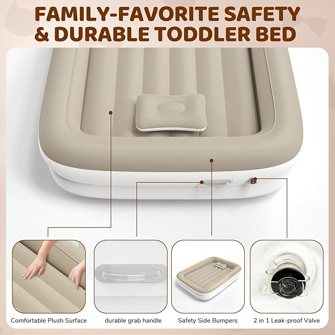 Inflatable Toddler Travel Bed - 53 Inches Portable Toddler Air Mattress with Four Safety Sides - High-Speed Pump and Carry Bag - Comfortable Mattress & Easy to Inflate and Deflate - Apricot
