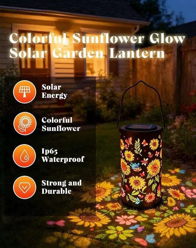 Colorful Sunflower Glow Solar Garden Lantern - 2026 Weather-Ready Sunflower Lantern for Every Season, IP65 Waterproof Metal Outdoor Hanging Light for Patio, Garden, Yard, Pathway (4PCS)
