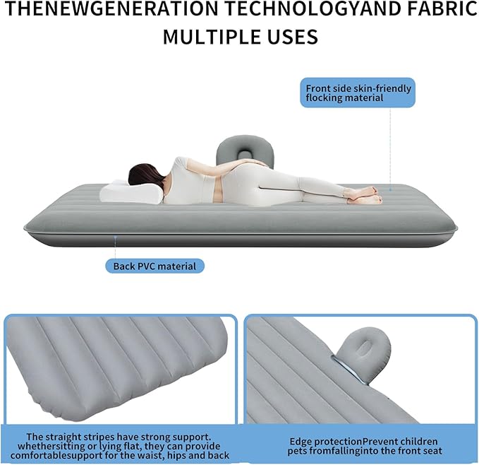 Car Air Mattress, Inflatable SUV Truck Camping Mattress for Back Seat, Thickened Travel Car Bed Sleeping Pad with Inflatable Pier Air Pump 2 Pillows (Grey)