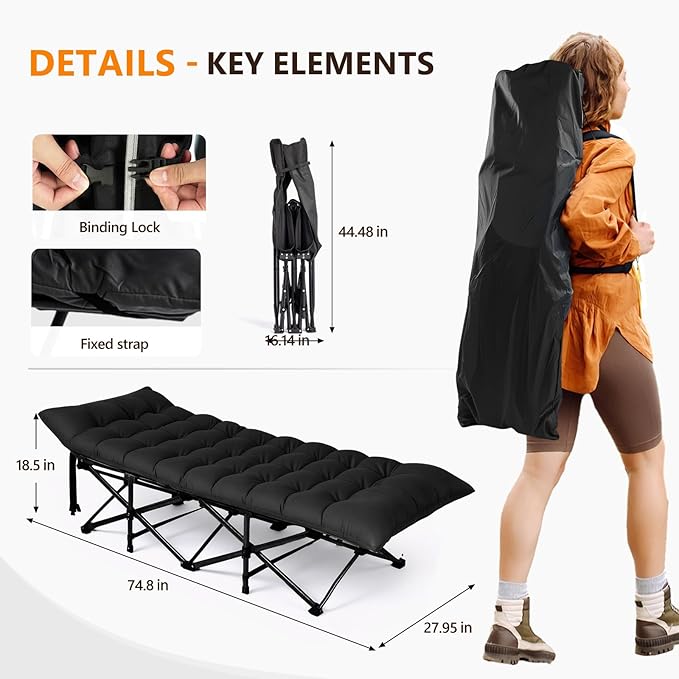 VINGLI Folding Camping Cot Bed,Camping Cots for Adults with Mattress, Cots for Sleeping with Pillow 1200D Layer Oxford for for Guest-Black 1P
