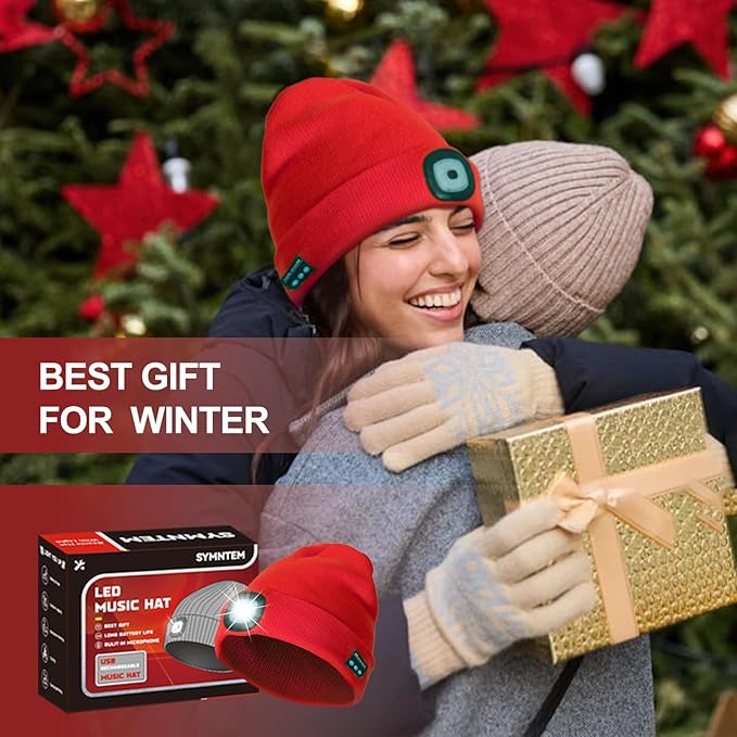 Gifts for Men, Rechargeable Bluetooth Music Unisex Beanie Hat with Light, Valentines Day Gifts for Him, Birthday Gifts for Men, Women, Red