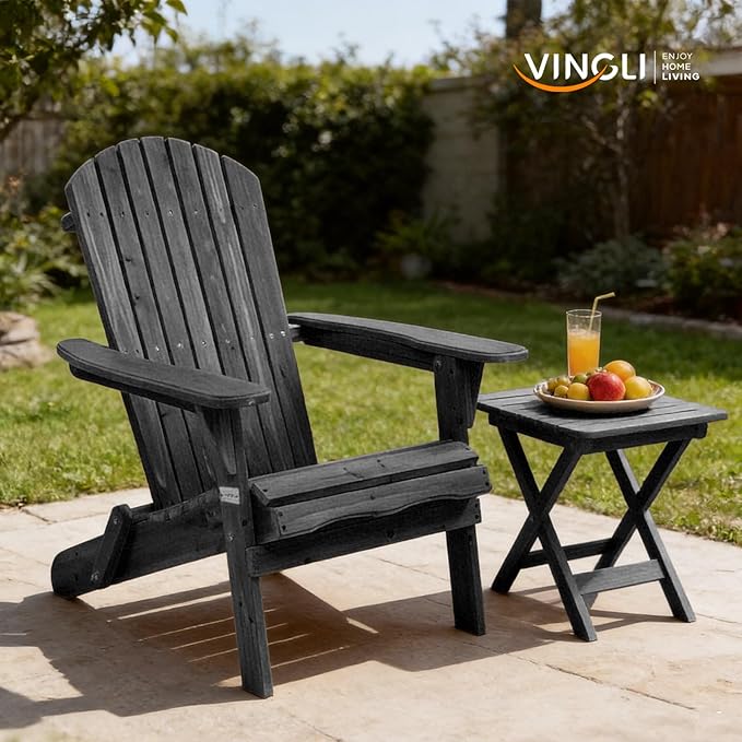 VINGLI Folding Adirondack Chairs Set of 2, Wood Adirondack Chair for Outdoor, Foldable Fire Pit Chairs for Patio, BBQ, Porch, Yard, Pool, Black
